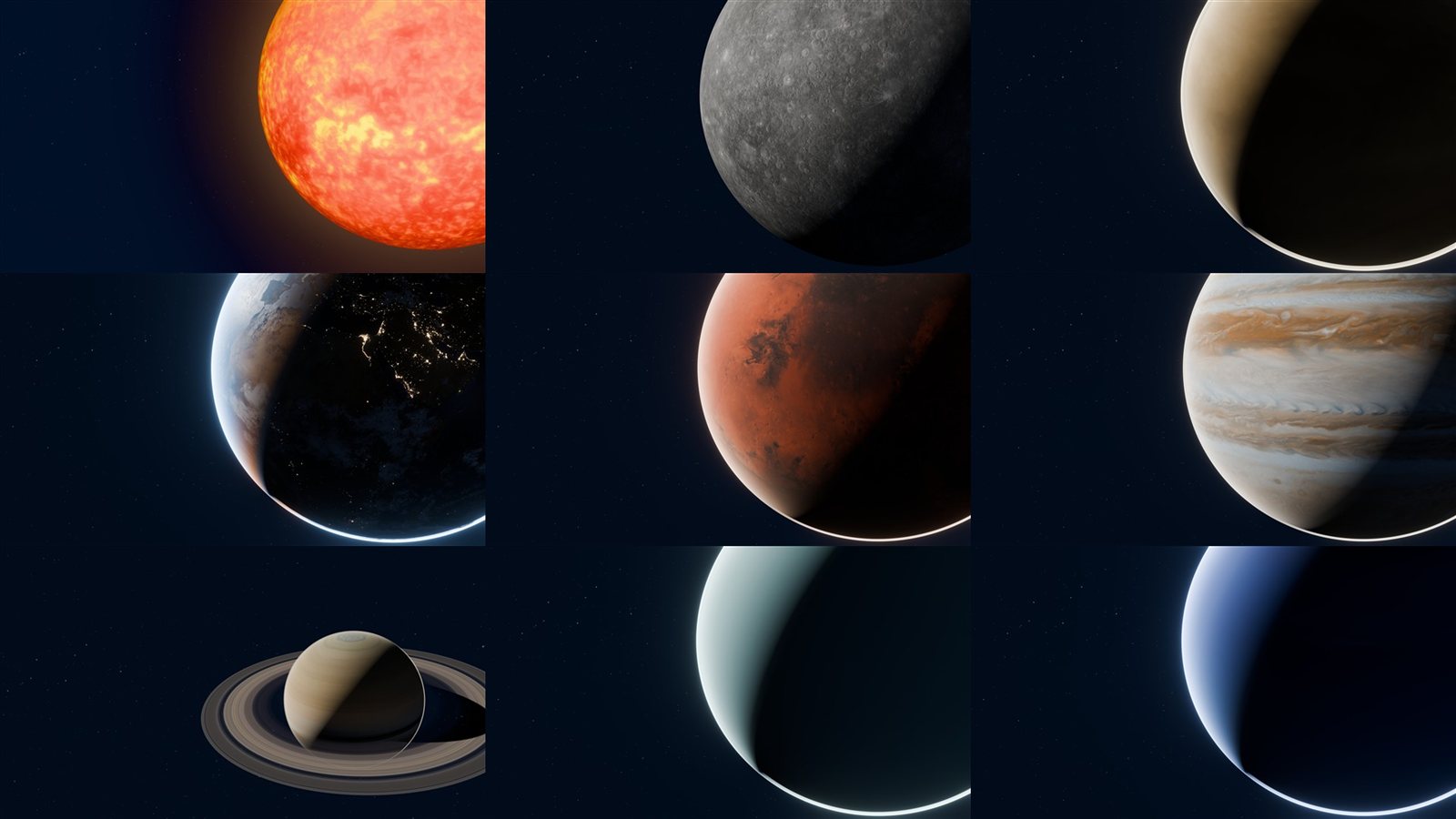 Nine 4K renders: the Sun, Mercury, Venus, Earth, Mars, Jupiter, Saturn, Uranus and Neptune, each lit from one side against a dark starfield.