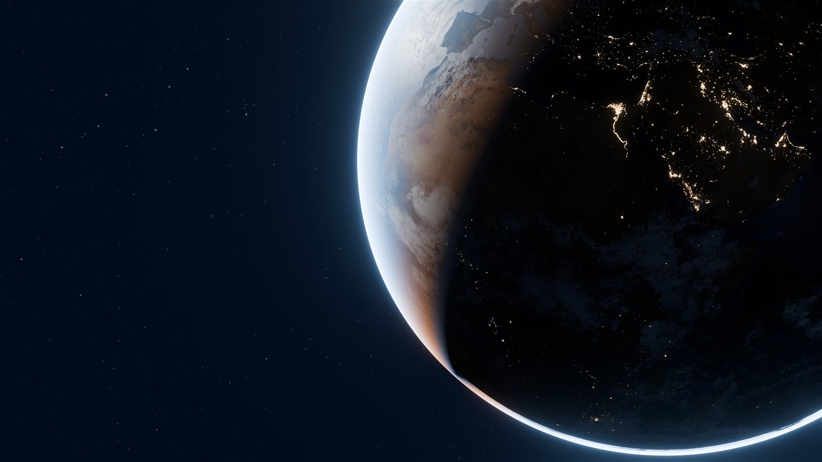 Final Earth: Sahara in sunlight, Europe and the Nile lit at night, thin blue rim, soft bloom.