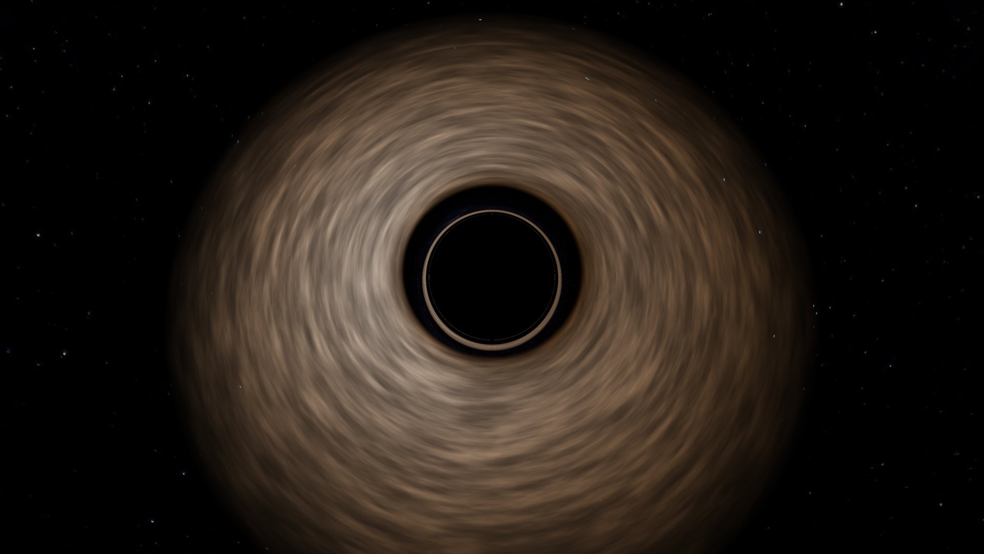 Starfall's black hole seen from above: the dark shadow, a thin bright ring around it, and the disk of gas spreading outwards.