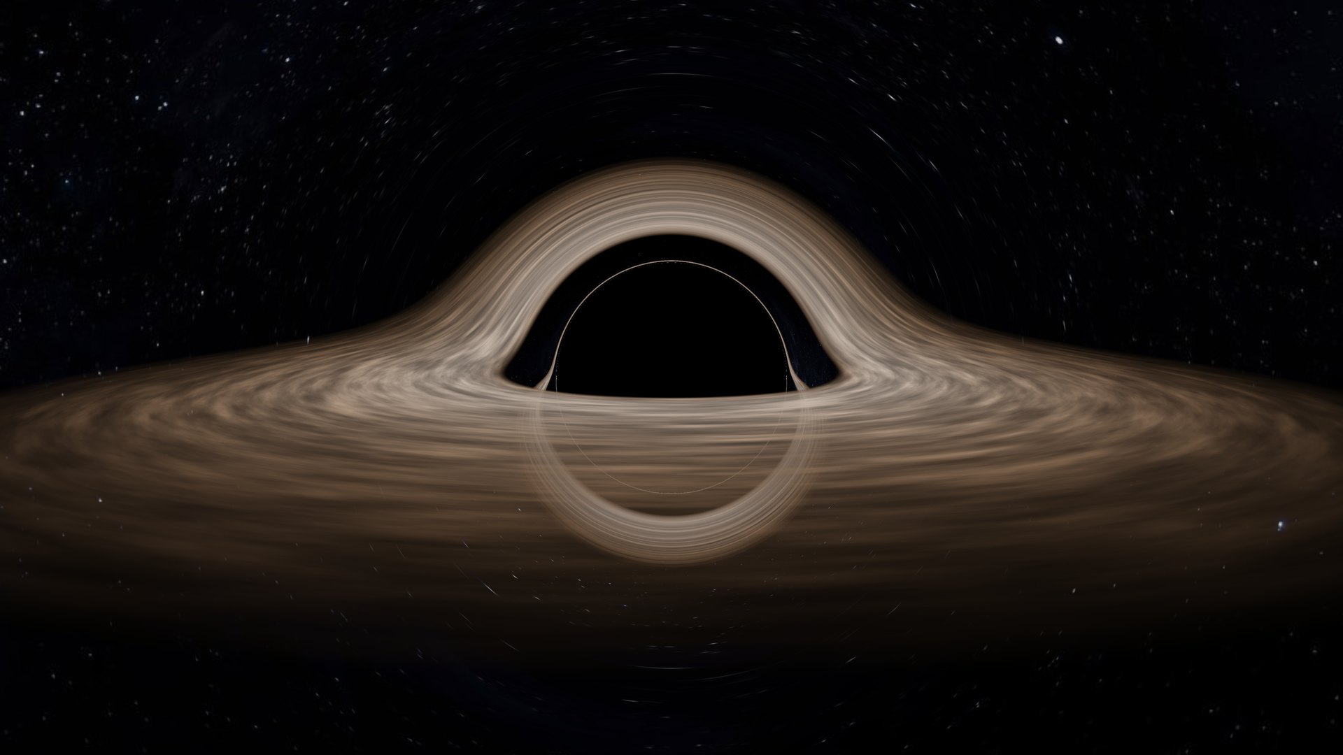 The same black hole with the colour and brightness shift turned off, so both sides of the disk look equally bright.
