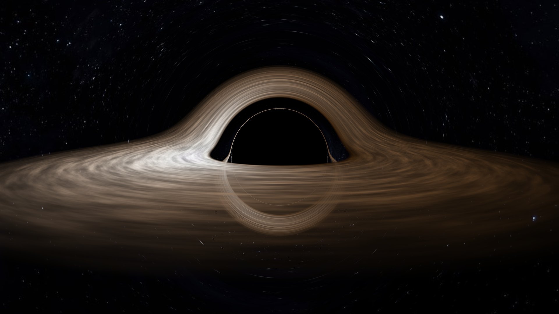 Starfall's black hole seen almost edge-on, the left side of the disk brighter and bluer than the right.