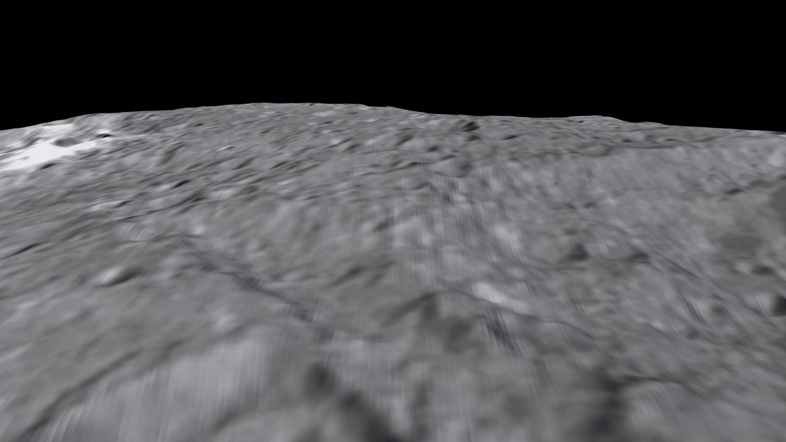 Ahuna Mons seen from low altitude in the Starfall 3D explorer, built from real elevation data.