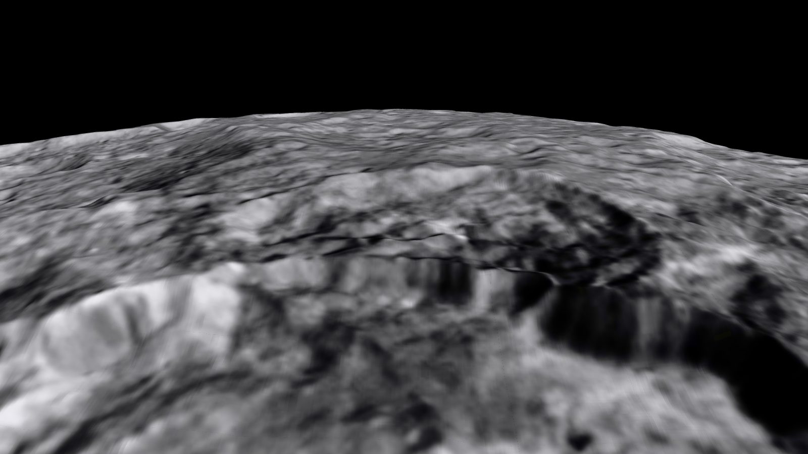 Occator · bright spots seen from low altitude in the Starfall 3D explorer, built from real elevation data.