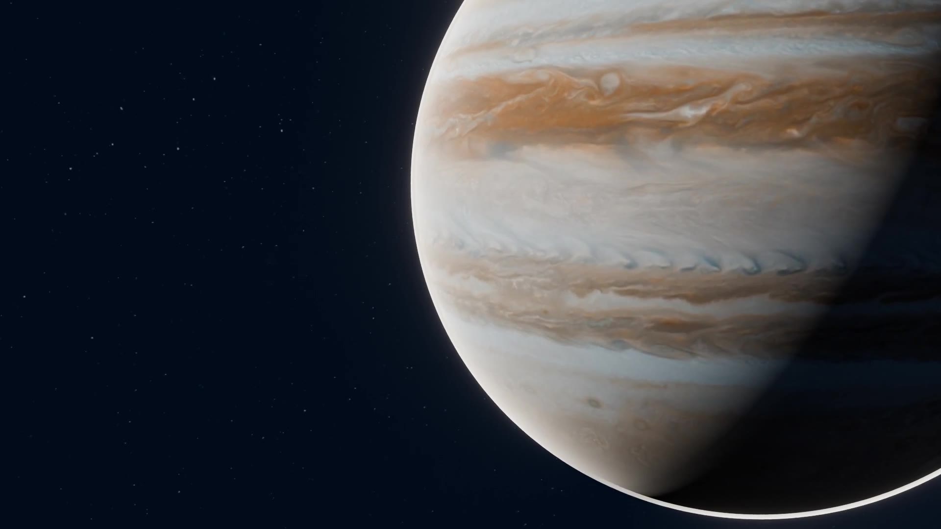 Close view of Jupiter's banded clouds, half in shadow, rendered in Blender.