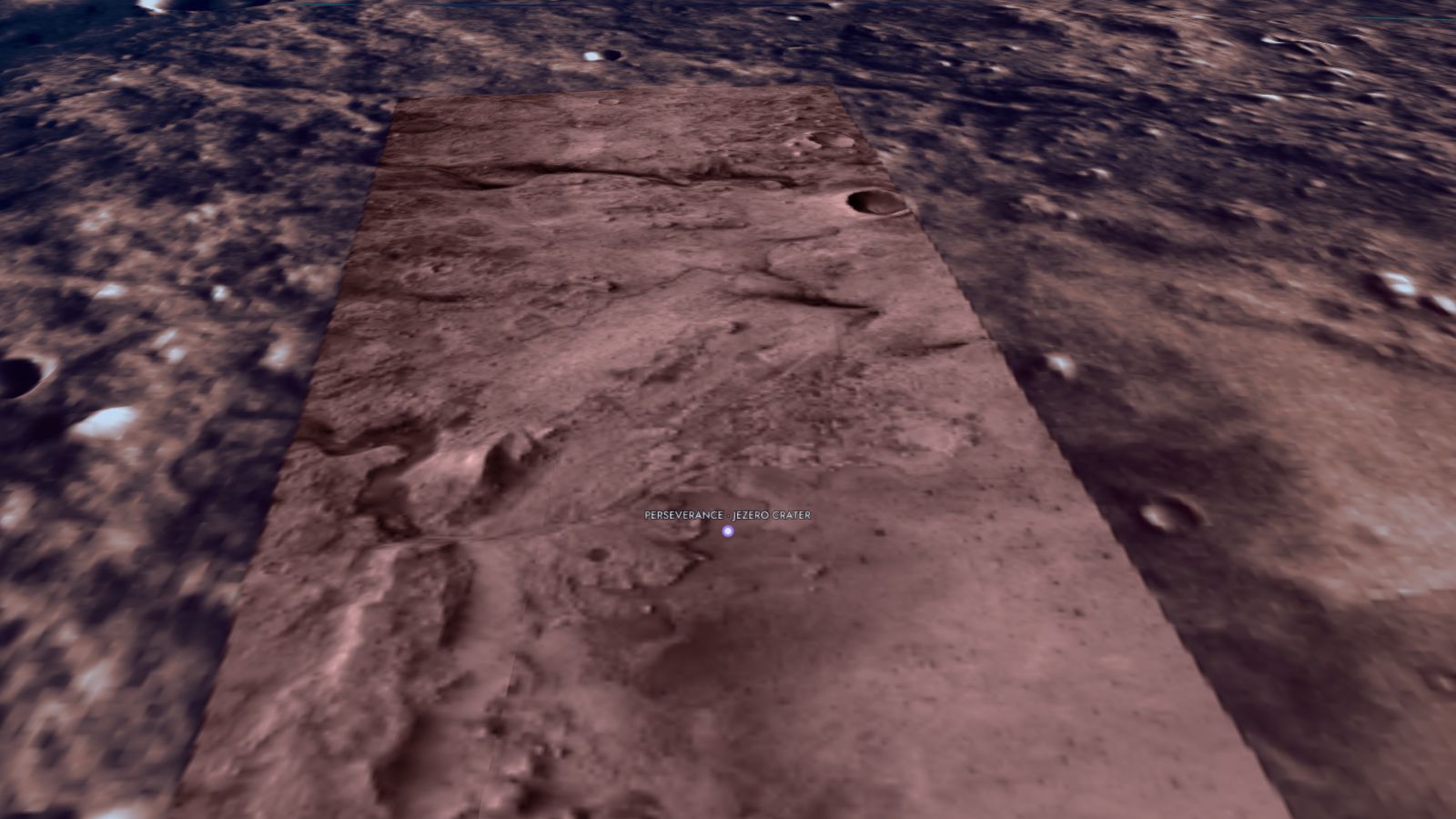 Perseverance · Jezero crater seen from low altitude in the Starfall 3D explorer, built from real elevation data.