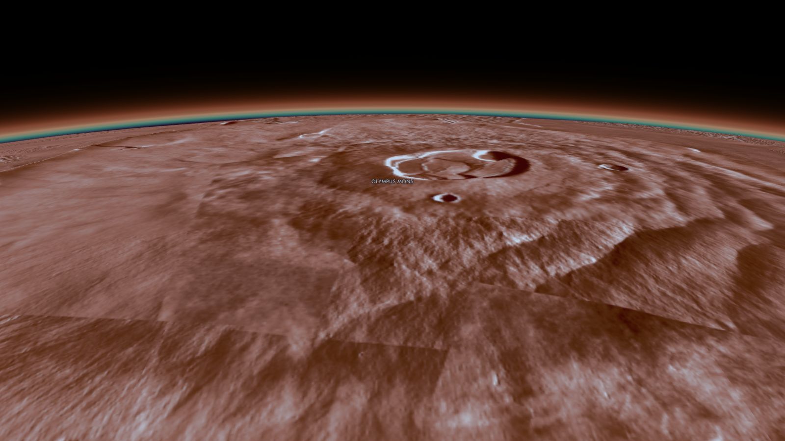 Olympus Mons seen from low altitude in the Starfall 3D explorer, built from real elevation data.