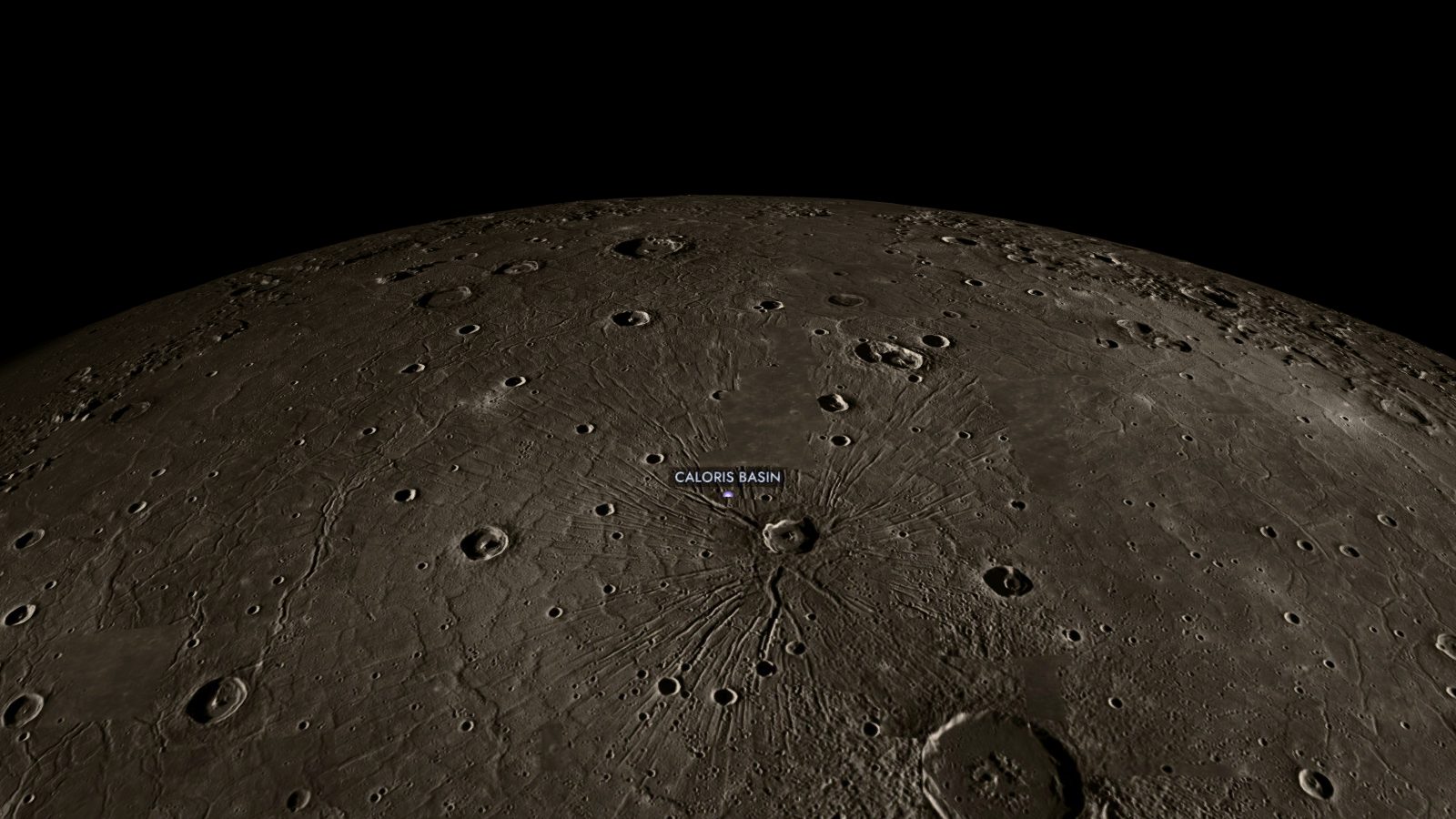 Caloris Basin seen from low altitude in the Starfall 3D explorer, built from real elevation data.