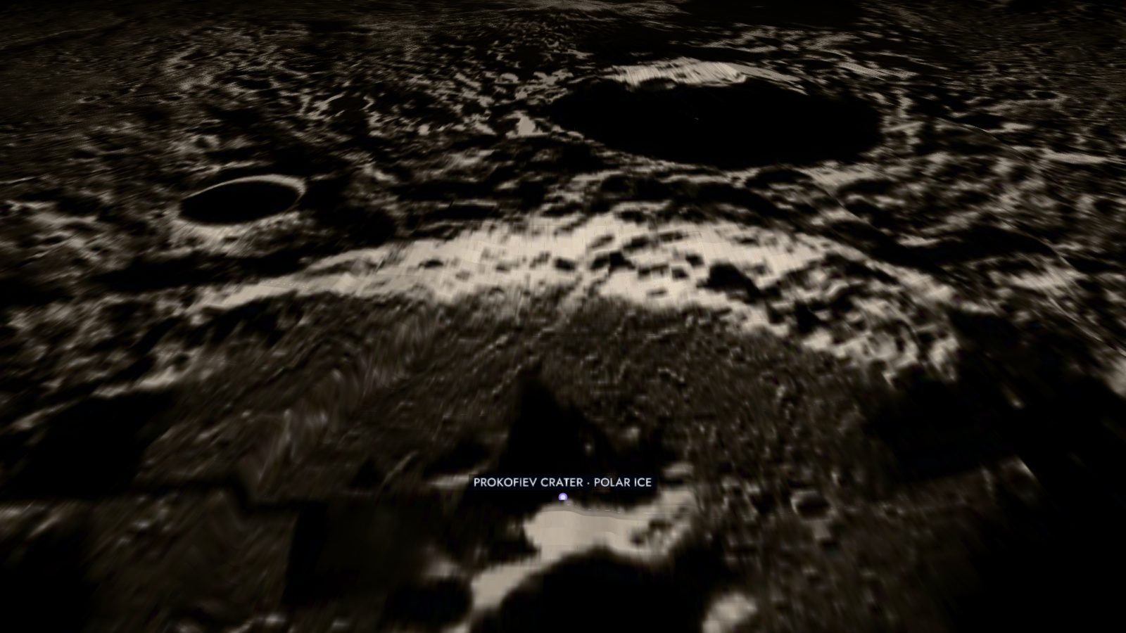 Prokofiev crater · polar ice seen from low altitude in the Starfall 3D explorer, built from real elevation data.