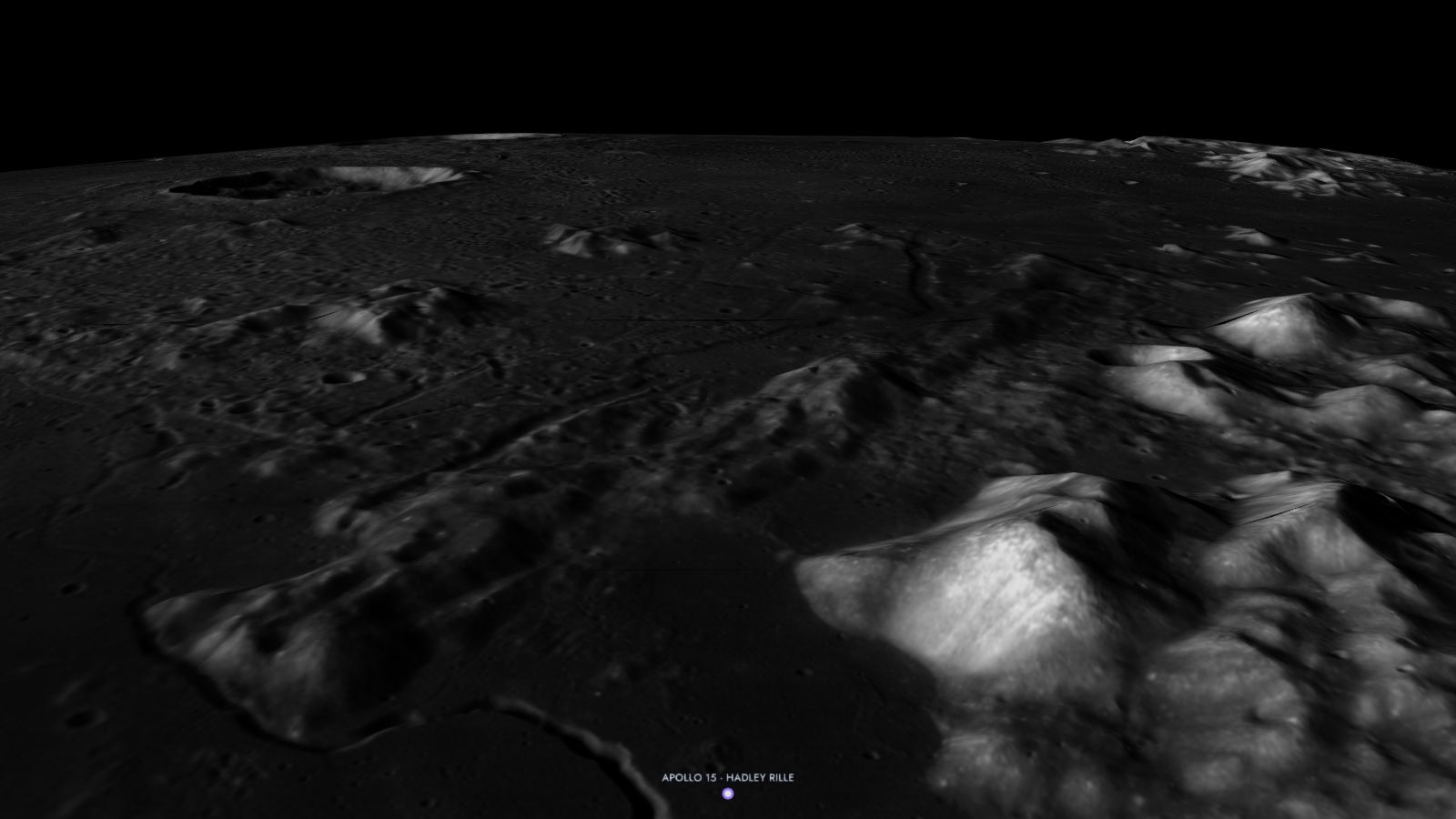 Apollo 15 · Hadley Rille seen from low altitude in the Starfall 3D explorer, built from real elevation data.