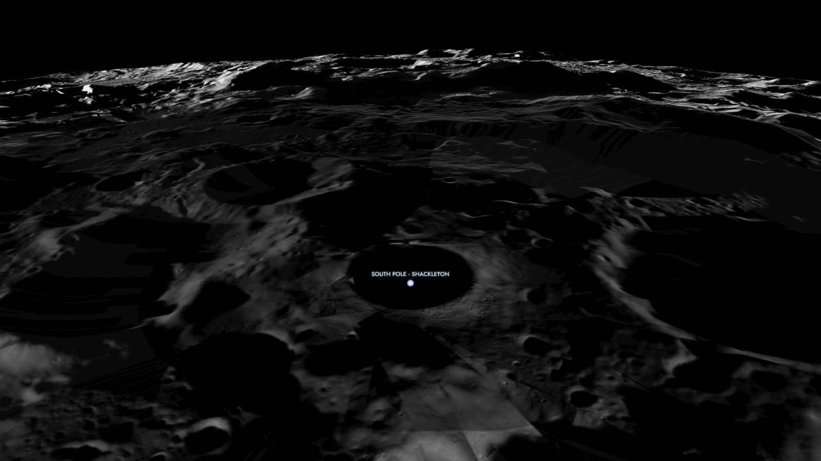 South pole · Shackleton seen from low altitude in the Starfall 3D explorer, built from real elevation data.