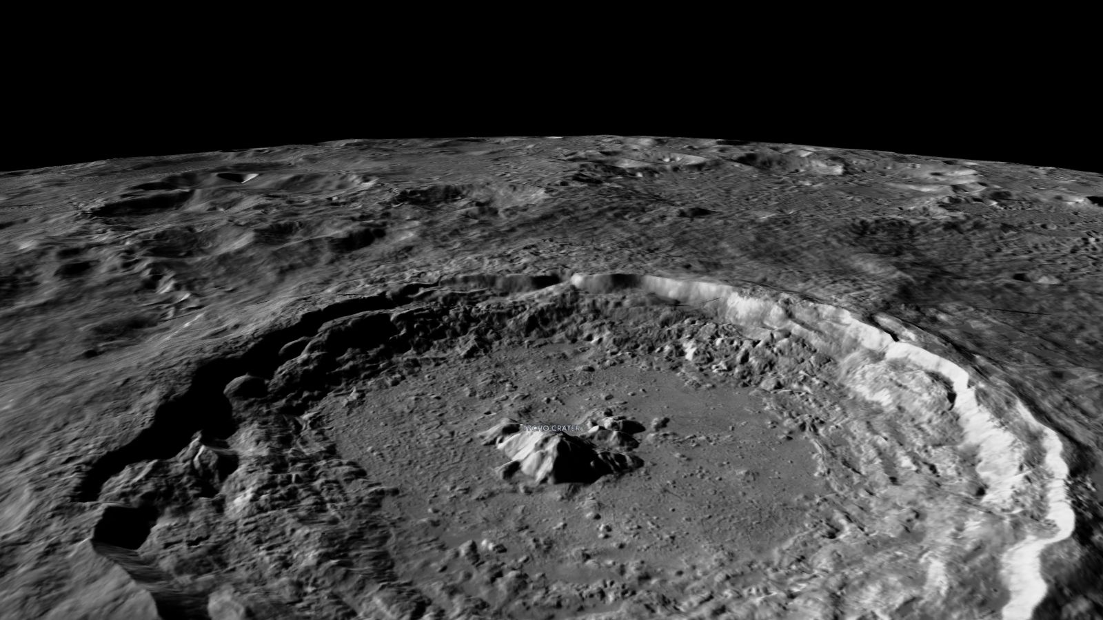 Tycho crater seen from low altitude in the Starfall 3D explorer, built from real elevation data.