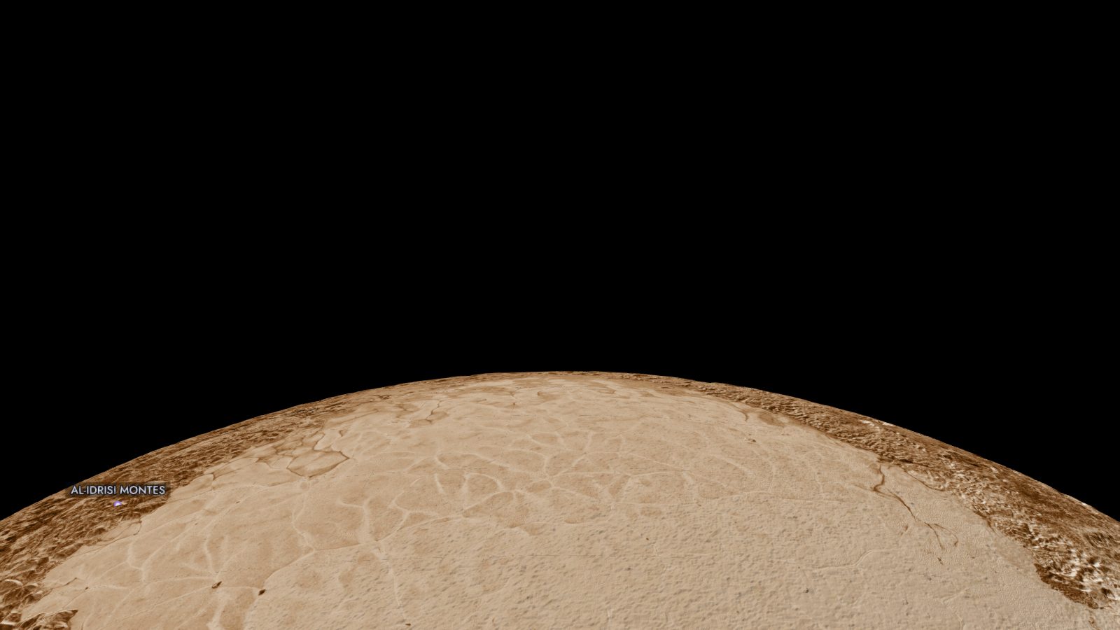 Sputnik Planitia · the heart seen from low altitude in the Starfall 3D explorer, built from real elevation data.