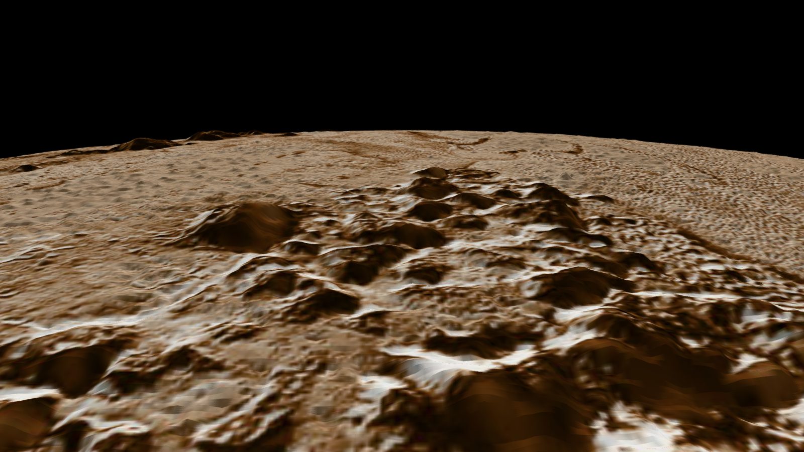 Tenzing Montes seen from low altitude in the Starfall 3D explorer, built from real elevation data.