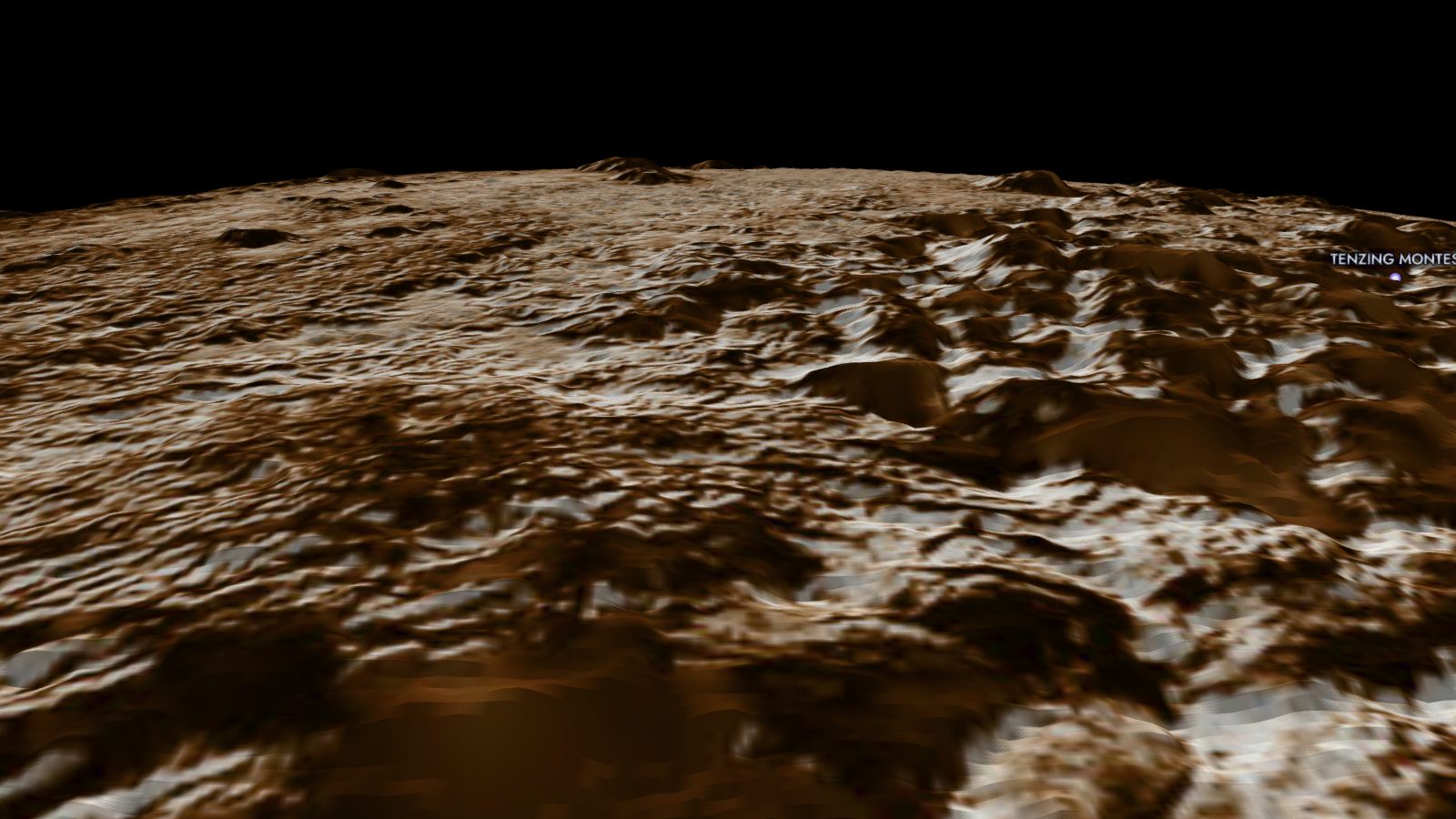 Wright Mons seen from low altitude in the Starfall 3D explorer, built from real elevation data.
