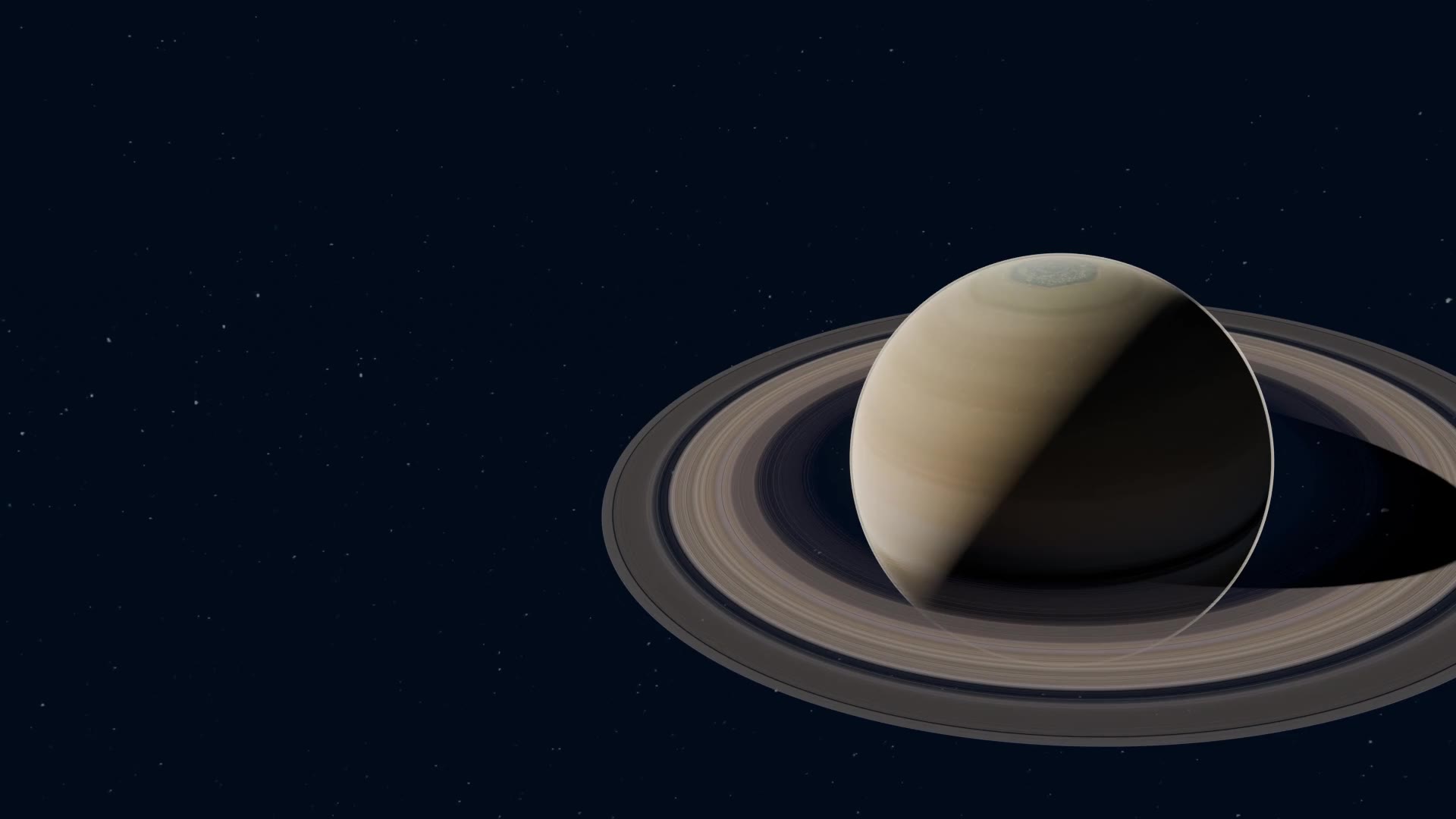 Saturn and its rings seen from slightly above, the planet's shadow falling across the rings, rendered in Blender.